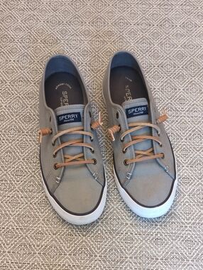 Sperry Pierview Women's Gray Canvas Boat Shoes with Brown Leather Laces